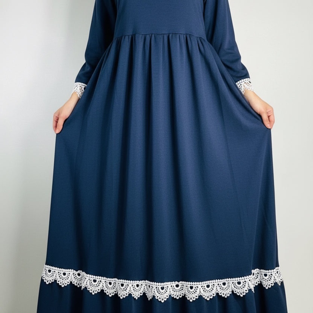 Source Unknown Navy Maxi Dress with White Lace Trim
